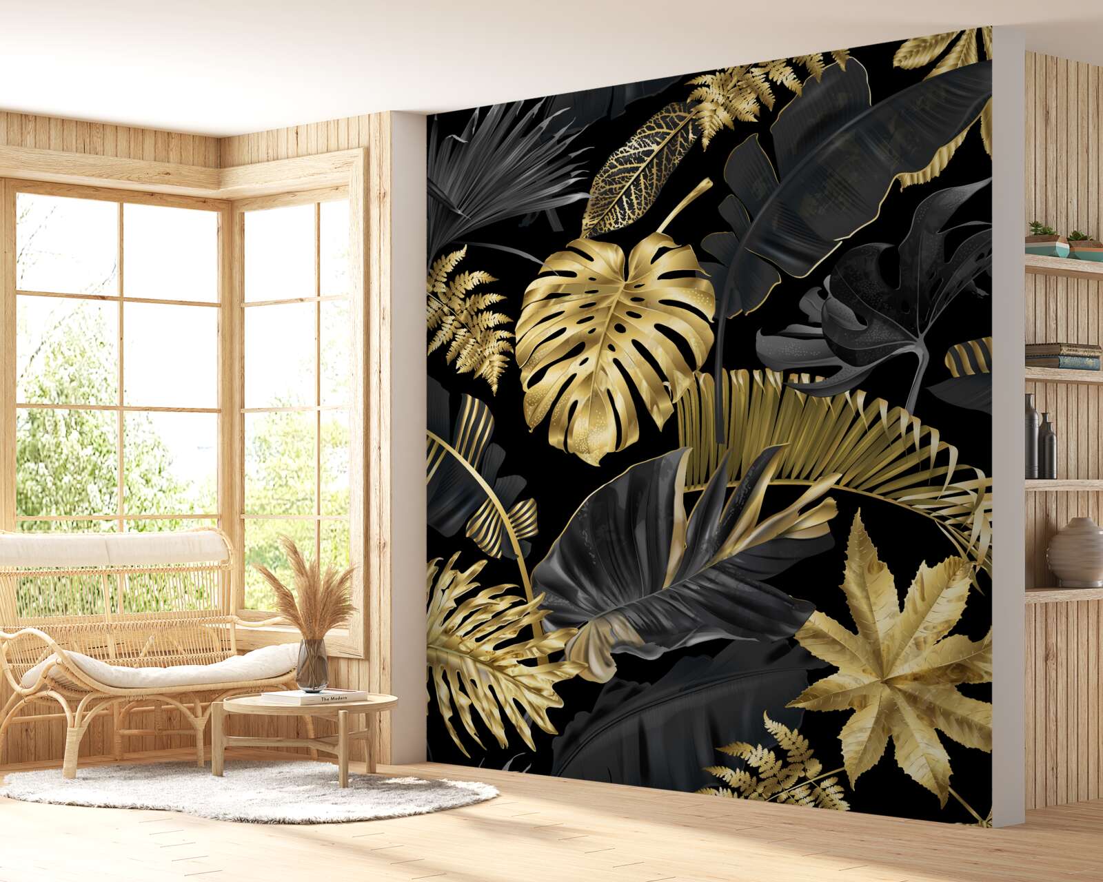 Fototapeta tropické listy v čiernej a zlatej farbe