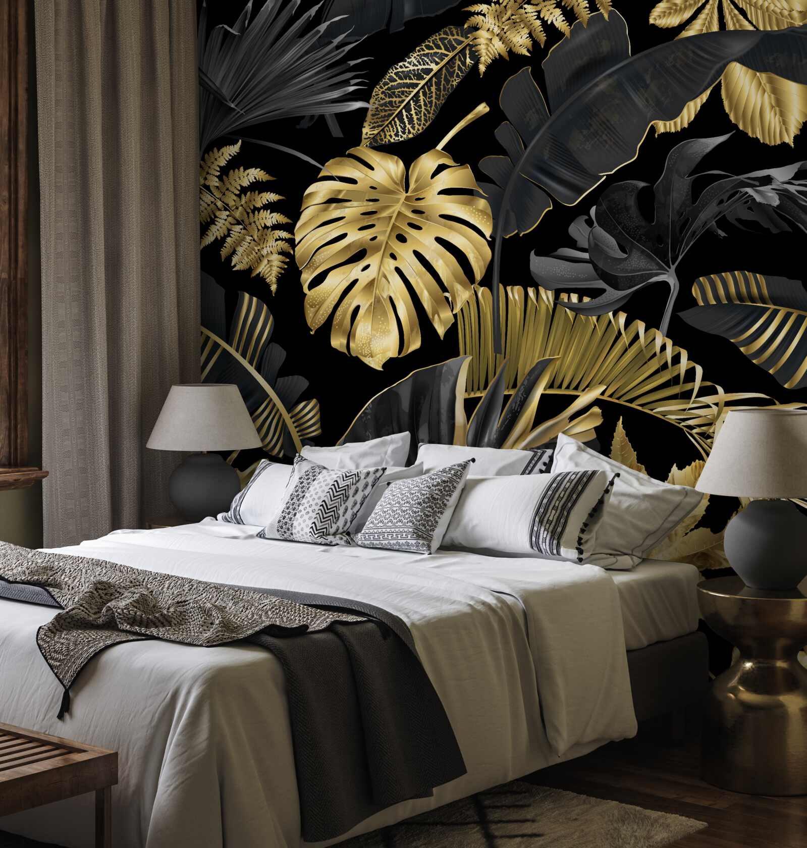 Fototapeta tropické listy v čiernej a zlatej farbe