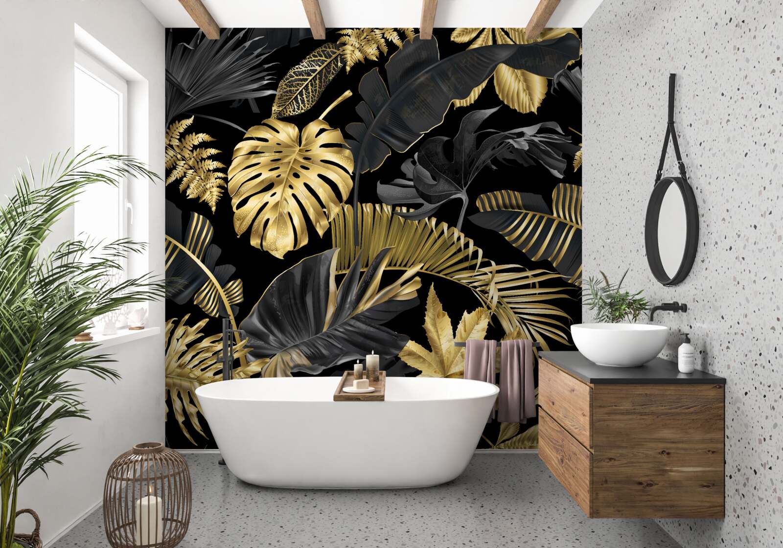 Fototapeta tropické listy v čiernej a zlatej farbe
