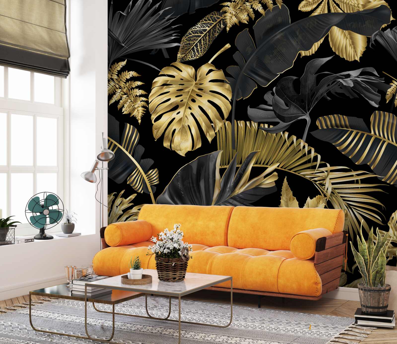Fototapeta tropické listy v čiernej a zlatej farbe