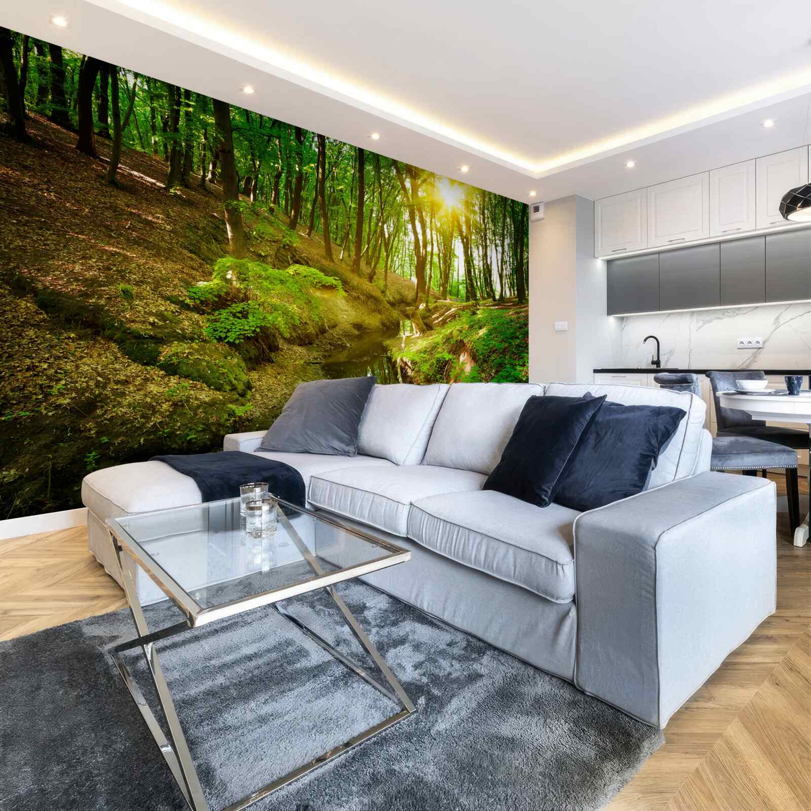 Fototapeta ranné slnečné svetlo v zelenom lese plnom lístia