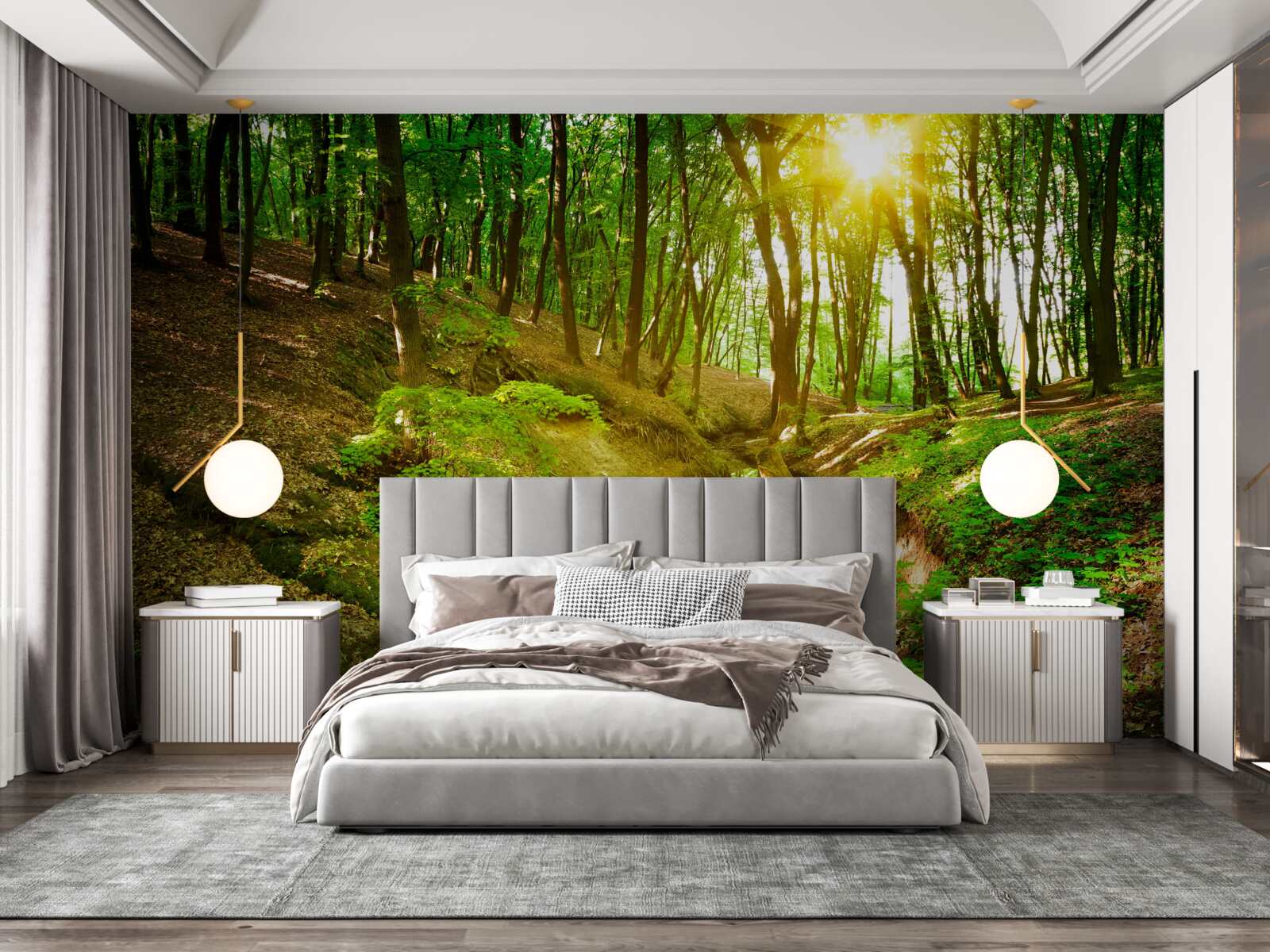 Fototapeta ranné slnečné svetlo v zelenom lese plnom lístia