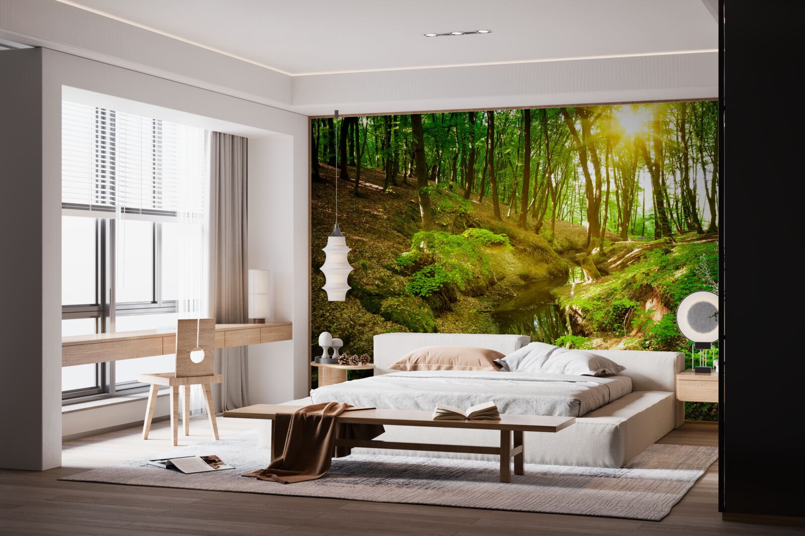 Fototapeta ranné slnečné svetlo v zelenom lese plnom lístia