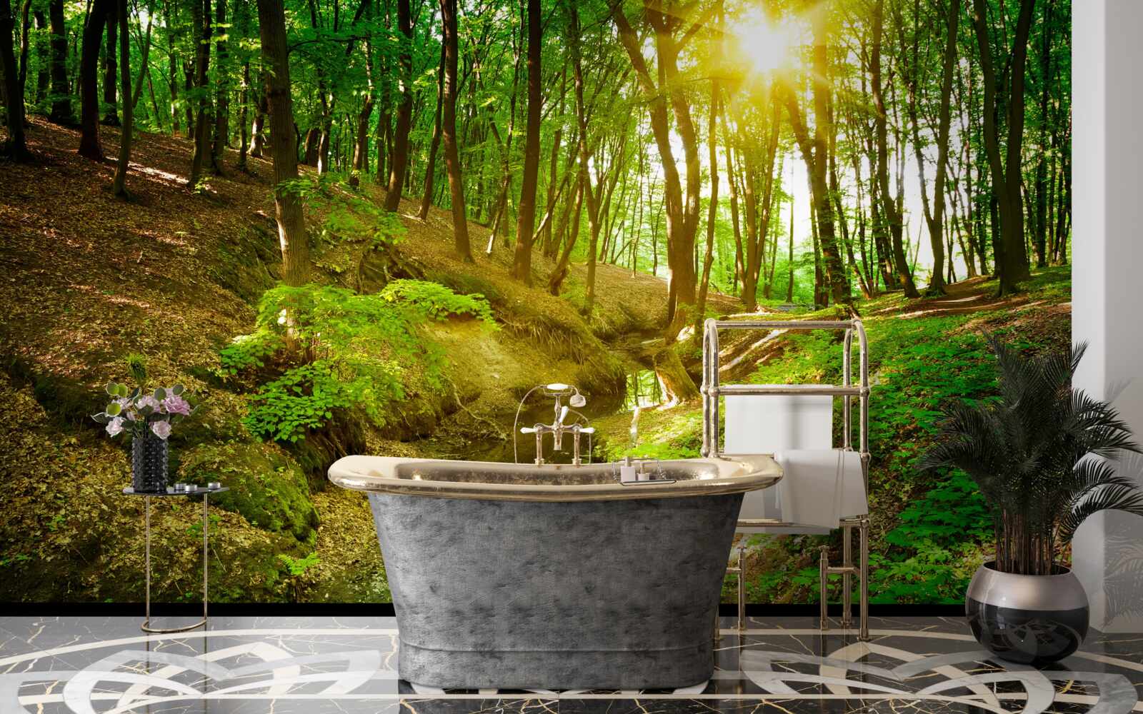 Fototapeta ranné slnečné svetlo v zelenom lese plnom lístia