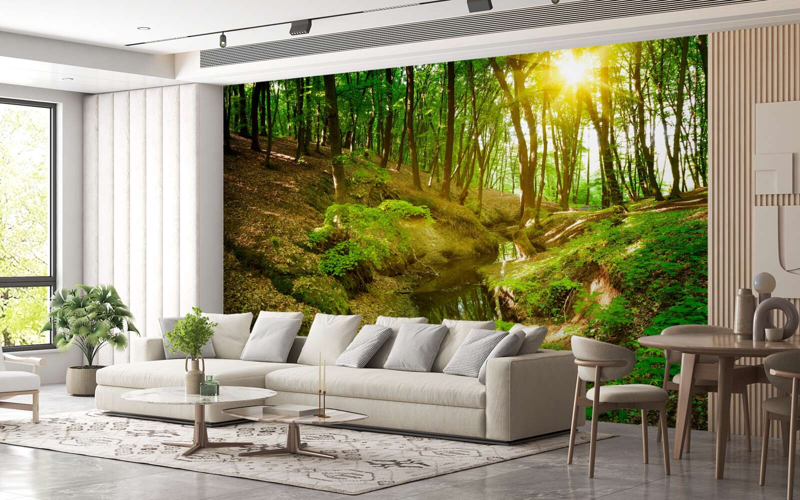 Fototapeta ranné slnečné svetlo v zelenom lese plnom lístia