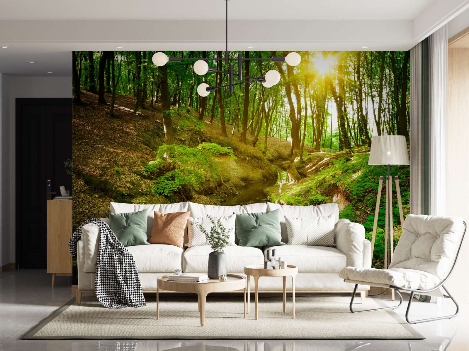 Fototapeta ranné slnečné svetlo v zelenom lese plnom lístia