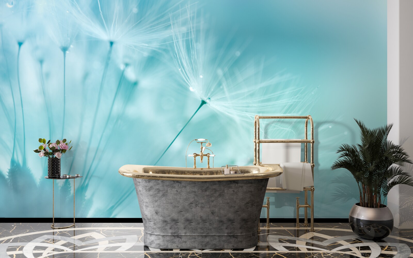 Fototapeta púpava s kvetmi proti modrej oblohe