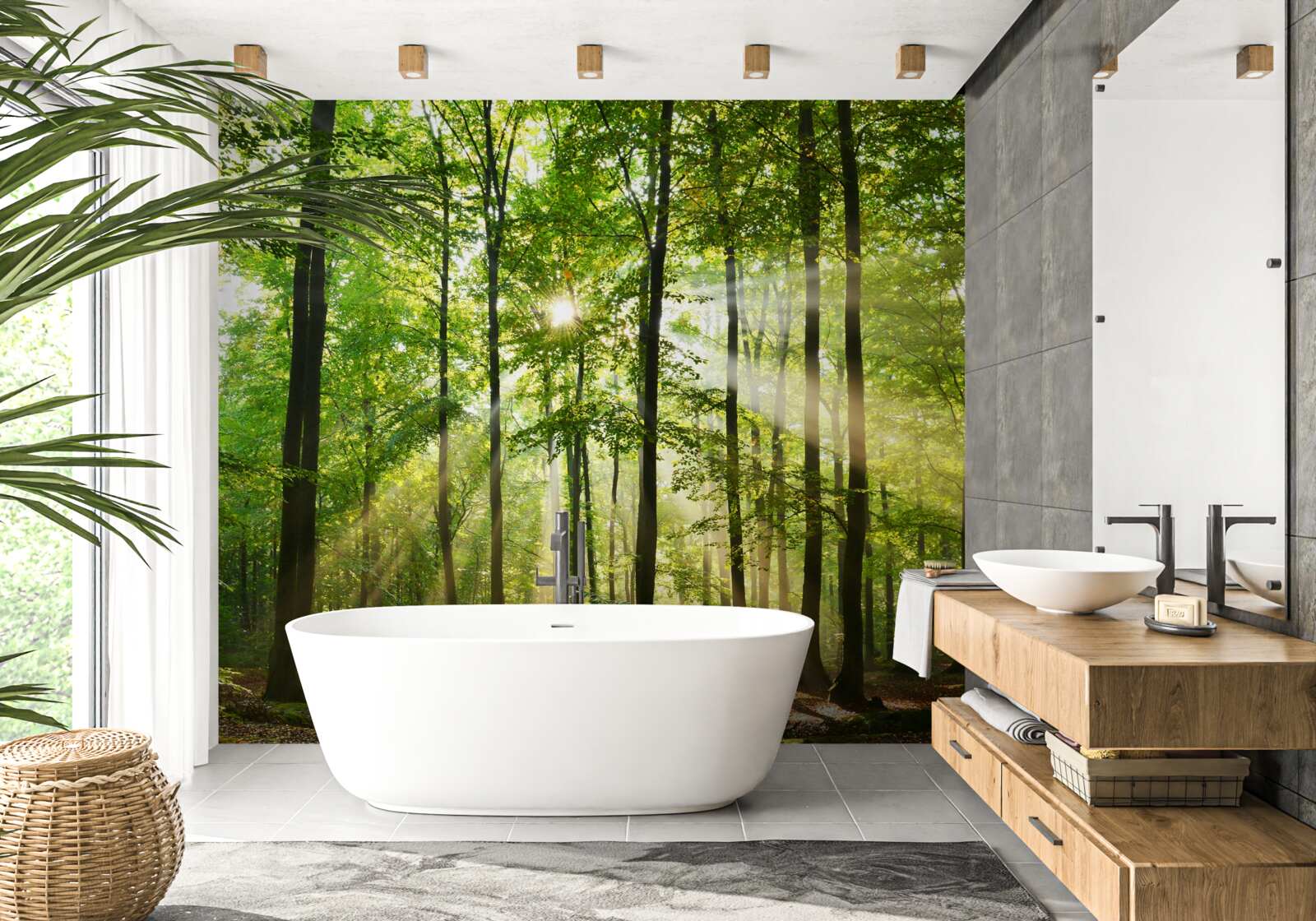 Fototapeta slnečné lúče prenikajú cez usporiadaný zelený les