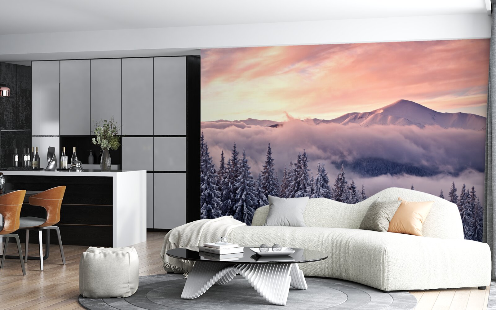 Fototapeta západ slnka zahalený v hmle v horách maľuje priestor v chladných ružových odtieňoch