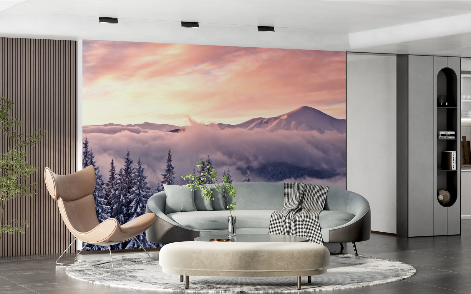 Fototapeta západ slnka zahalený v hmle v horách maľuje priestor v chladných ružových odtieňoch