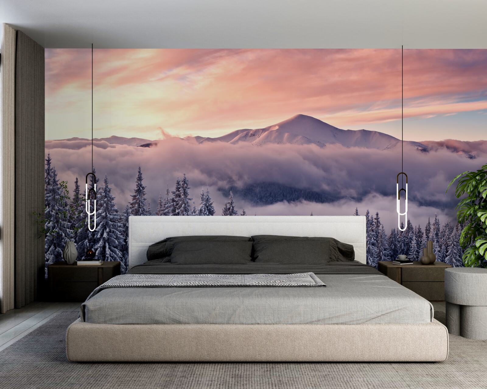 Fototapeta západ slnka zahalený v hmle v horách maľuje priestor v chladných ružových odtieňoch