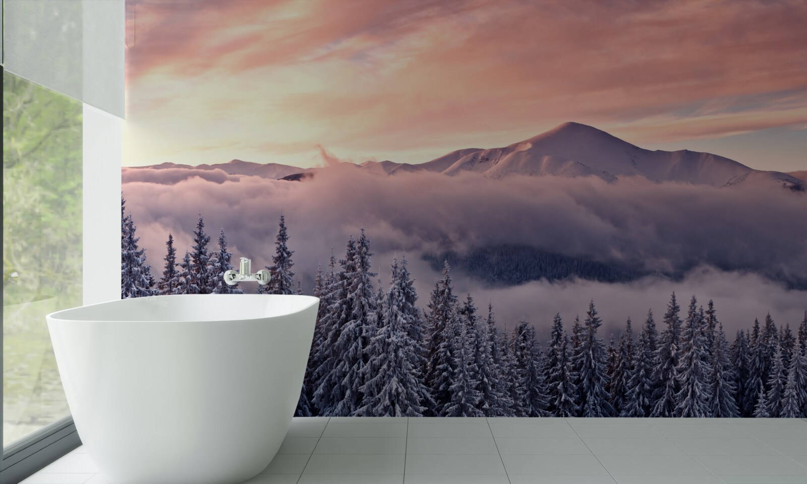 Fototapeta západ slnka zahalený v hmle v horách maľuje priestor v chladných ružových odtieňoch