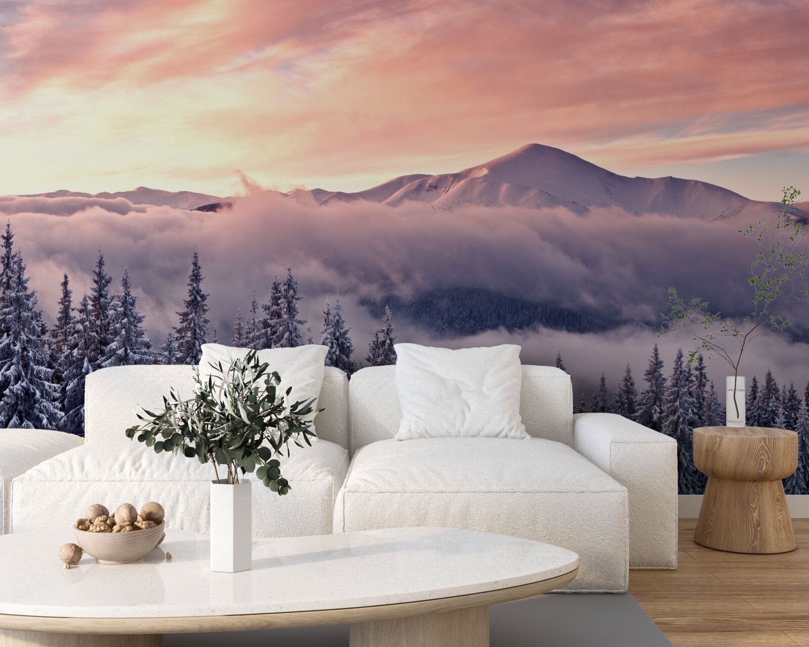 Fototapeta západ slnka zahalený v hmle v horách maľuje priestor v chladných ružových odtieňoch