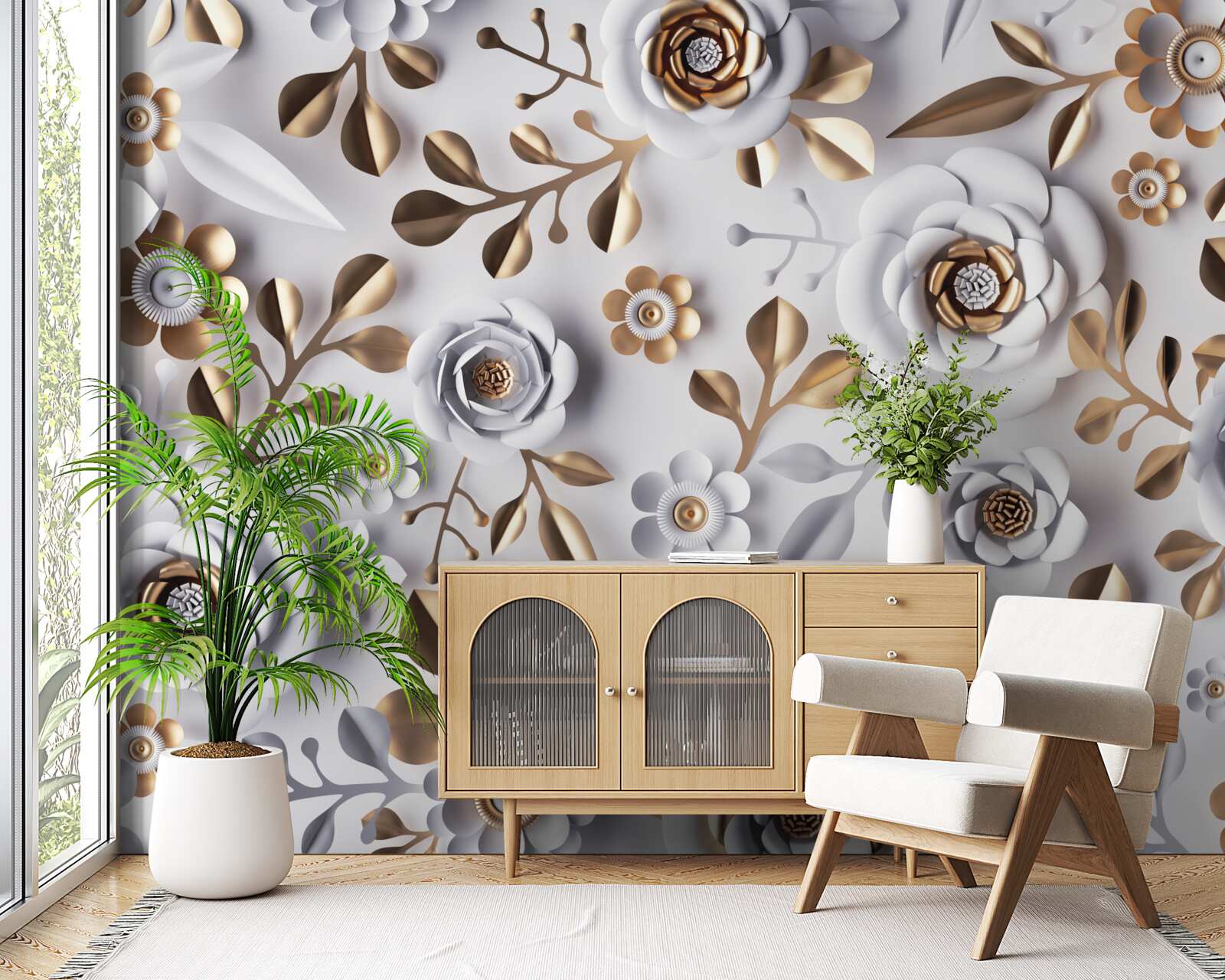 Fototapeta zlaté listy a biele kvety