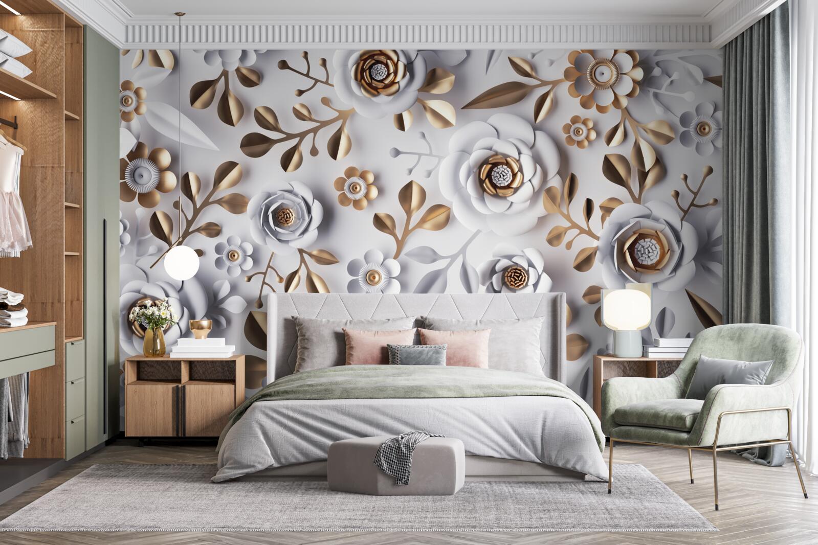 Fototapeta zlaté listy a biele kvety