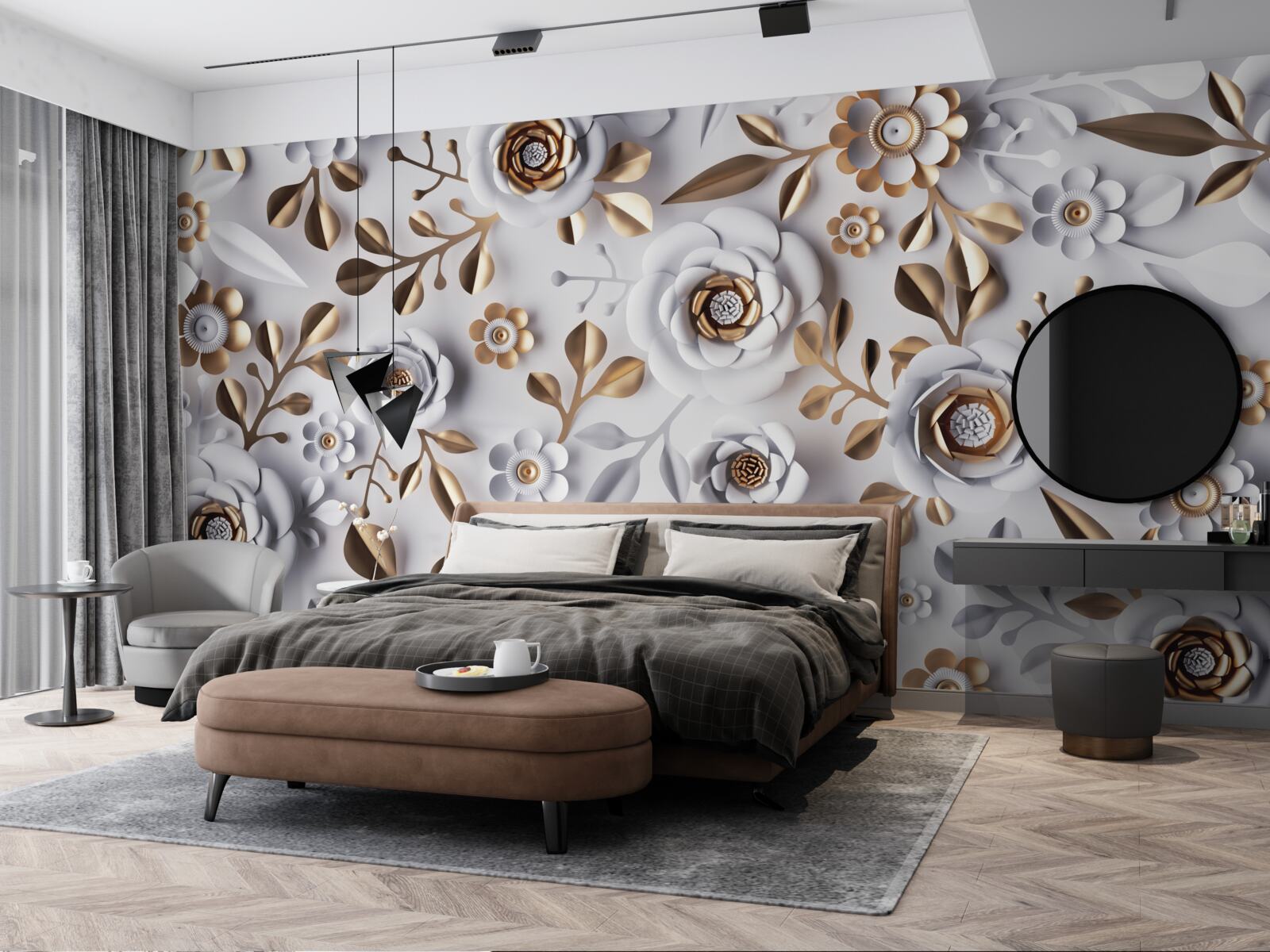 Fototapeta zlaté listy a biele kvety