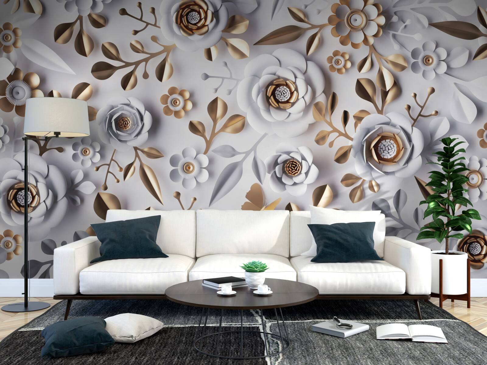 Fototapeta zlaté listy a biele kvety