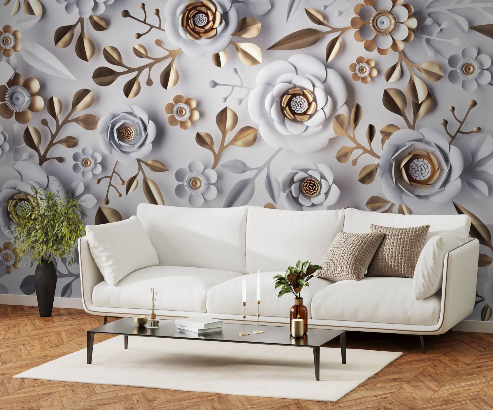 Fototapeta zlaté listy a biele kvety