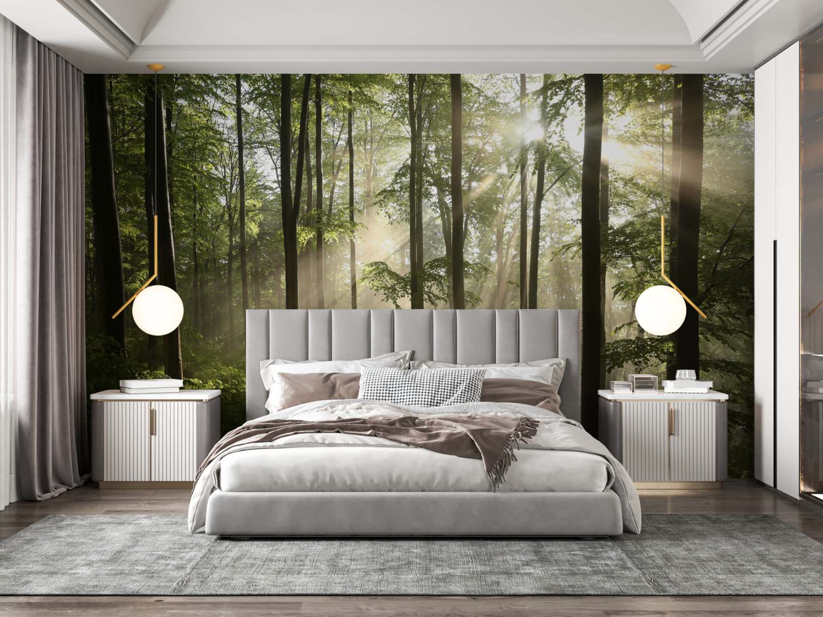 Fototapeta slnečné lúče prenikajú cez hmlu v lese