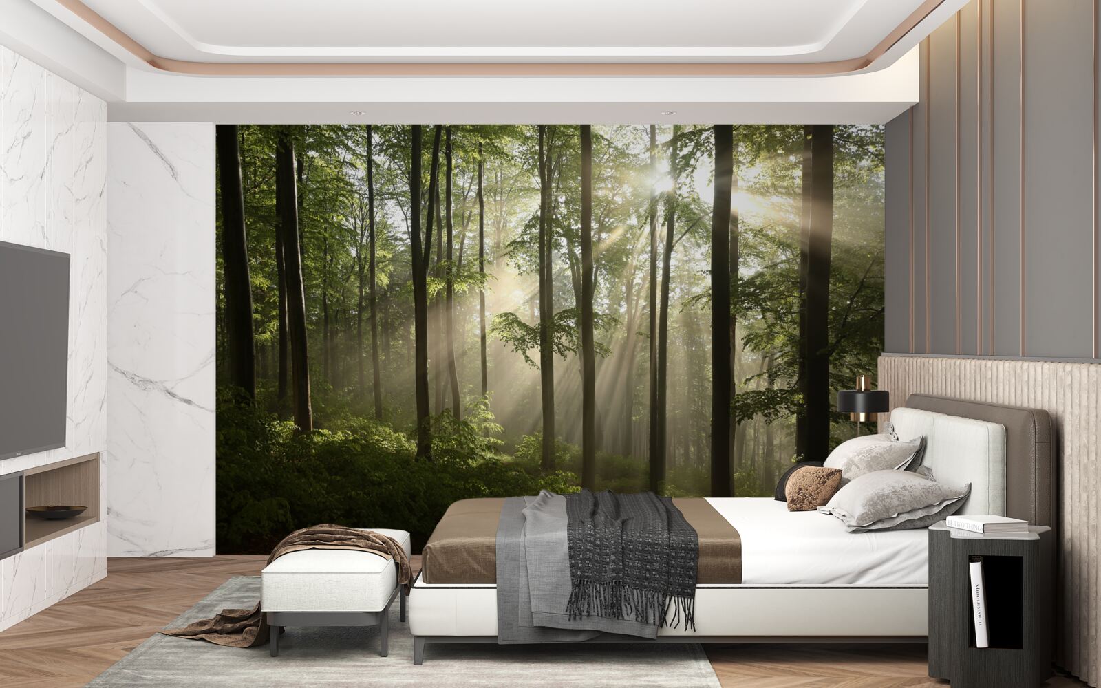 Fototapeta slnečné lúče prenikajú cez hmlu v lese