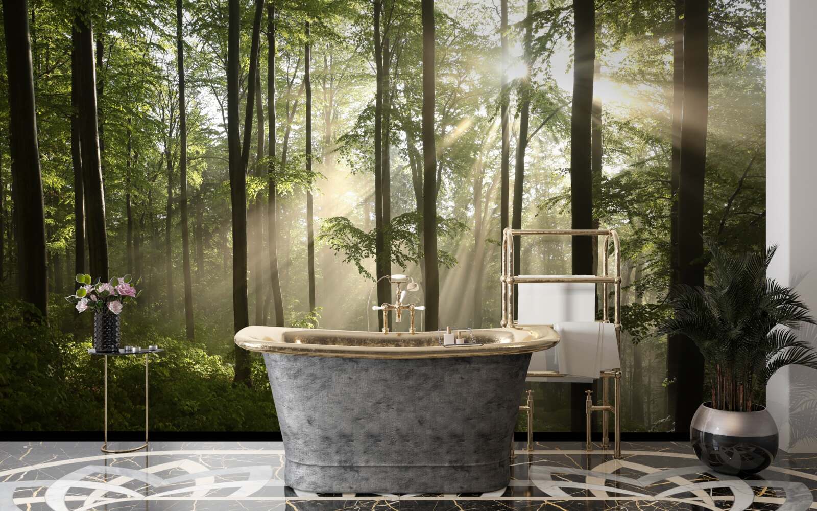 Fototapeta slnečné lúče prenikajú cez hmlu v lese