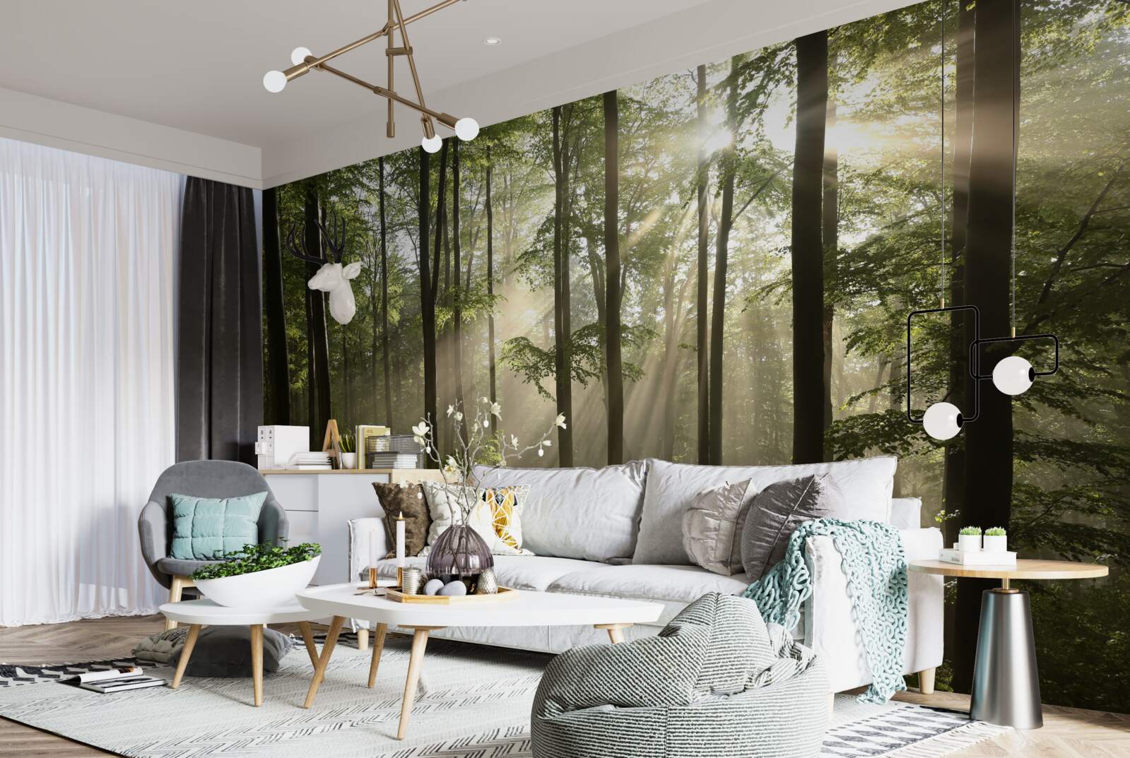 Fototapeta slnečné lúče prenikajú cez hmlu v lese