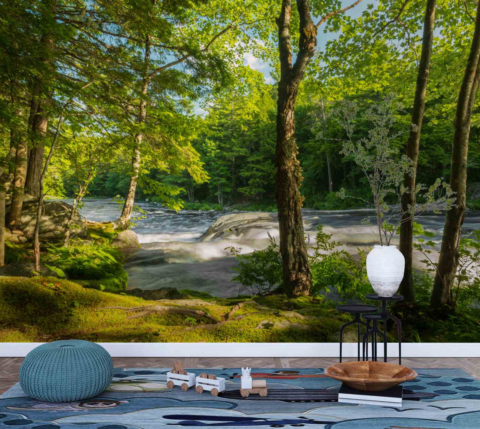 Fototapeta hlučná rieka v horách tečúca cez slnečný les