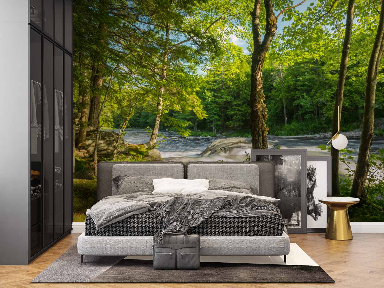 Fototapeta hlučná rieka v horách tečúca cez slnečný les