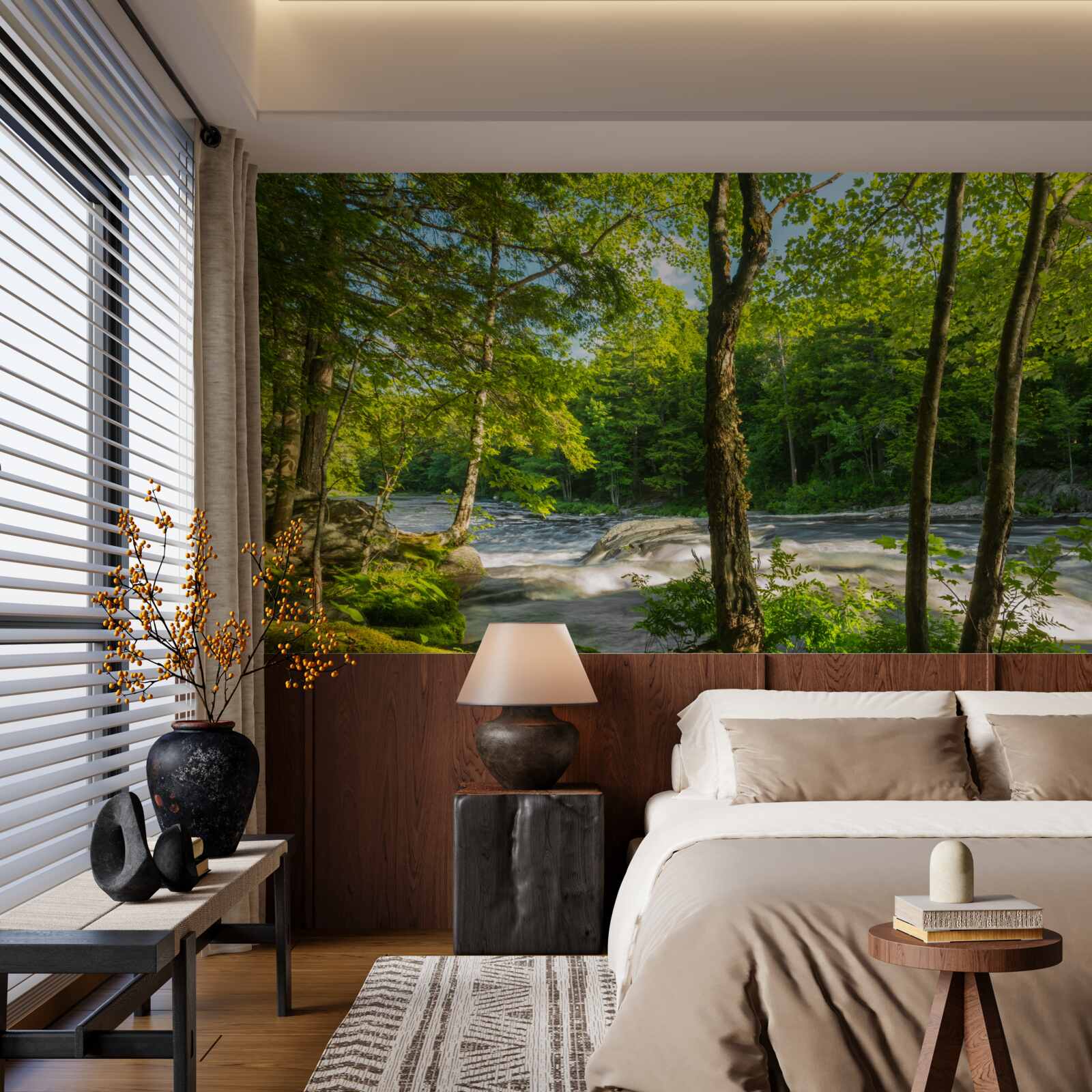 Fototapeta hlučná rieka v horách tečúca cez slnečný les