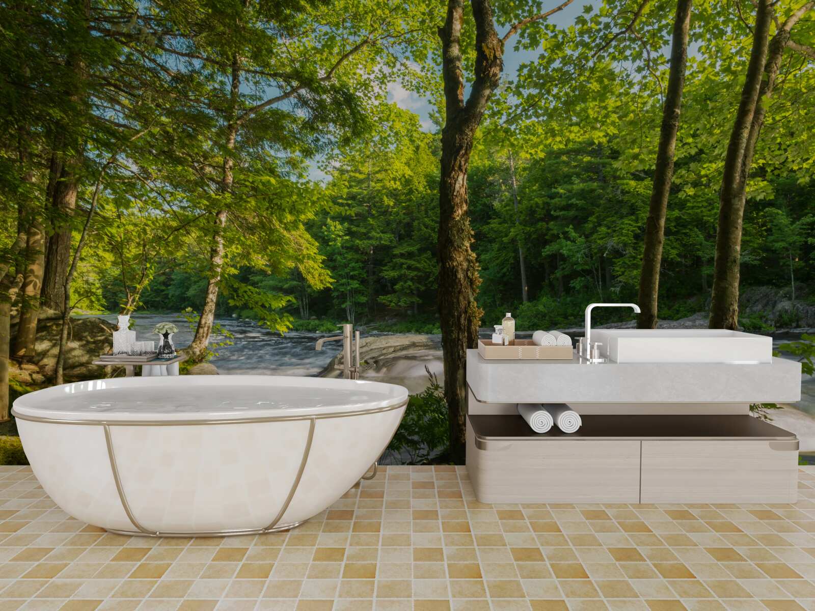 Fototapeta hlučná rieka v horách tečúca cez slnečný les