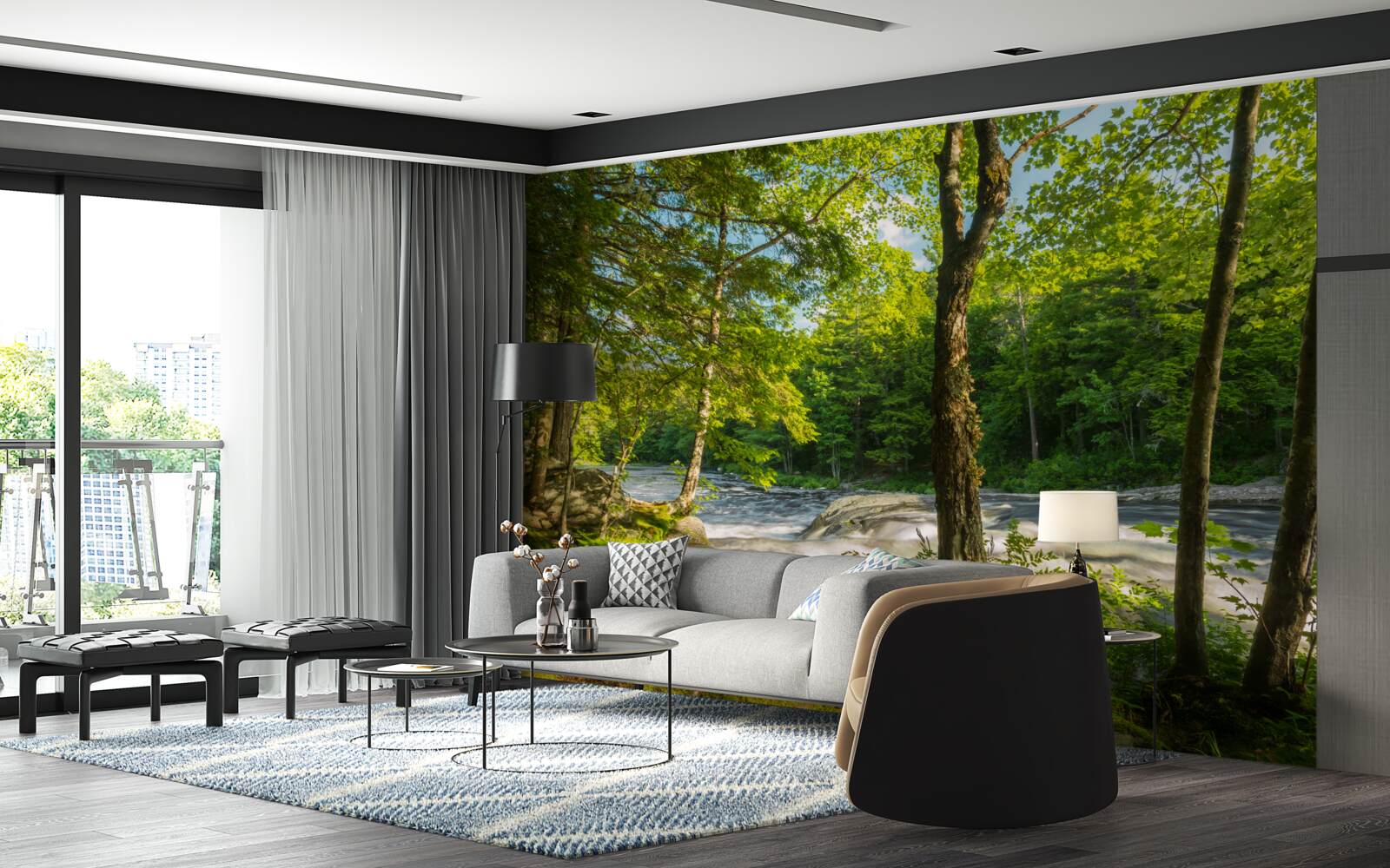 Fototapeta hlučná rieka v horách tečúca cez slnečný les