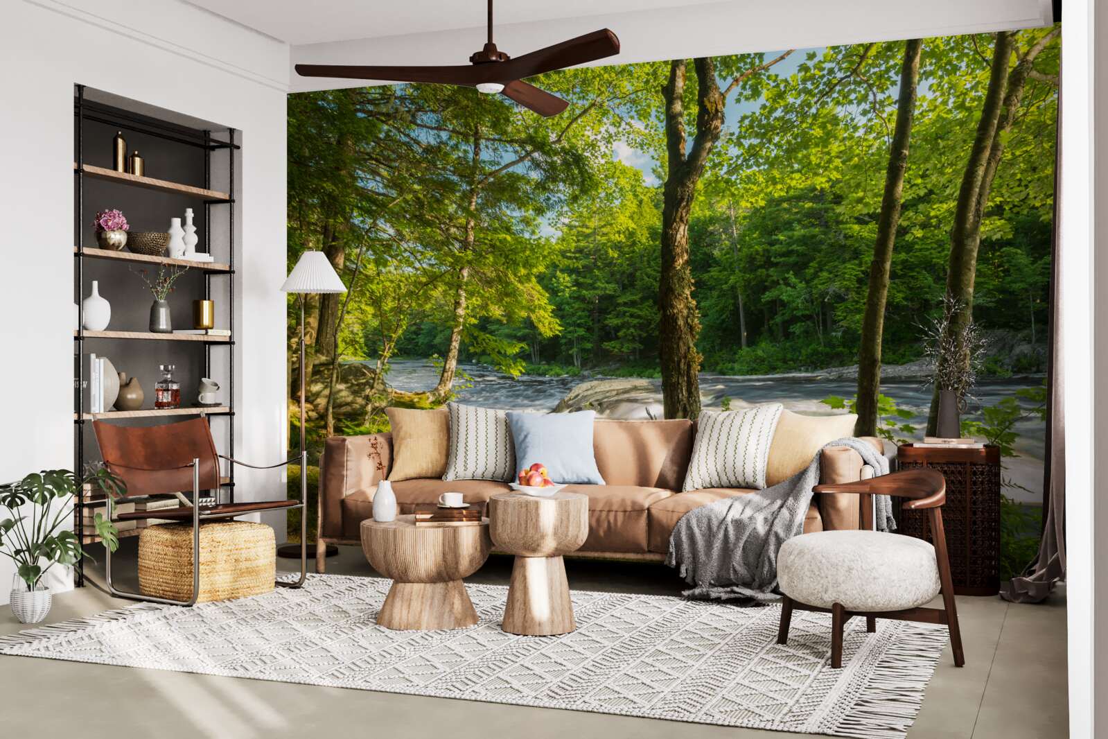 Fototapeta hlučná rieka v horách tečúca cez slnečný les