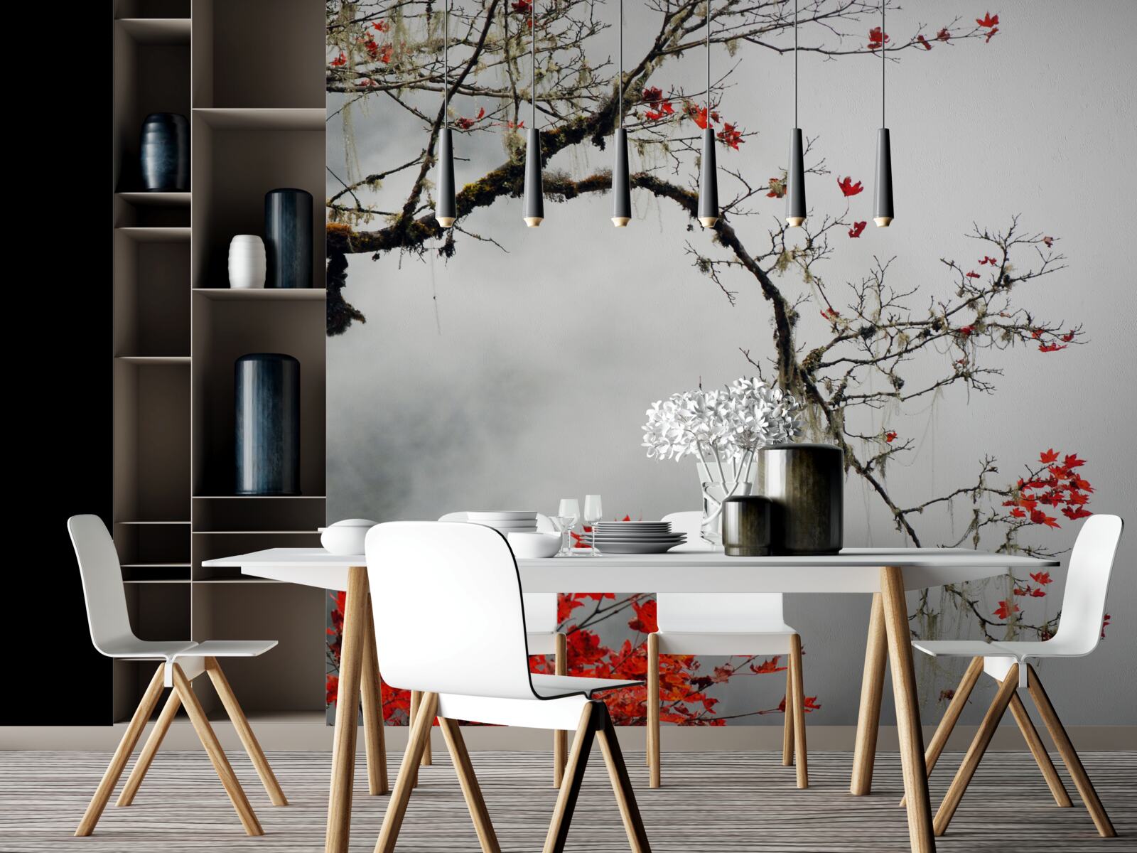 Fototapeta vetva s listami v jesennej hmle