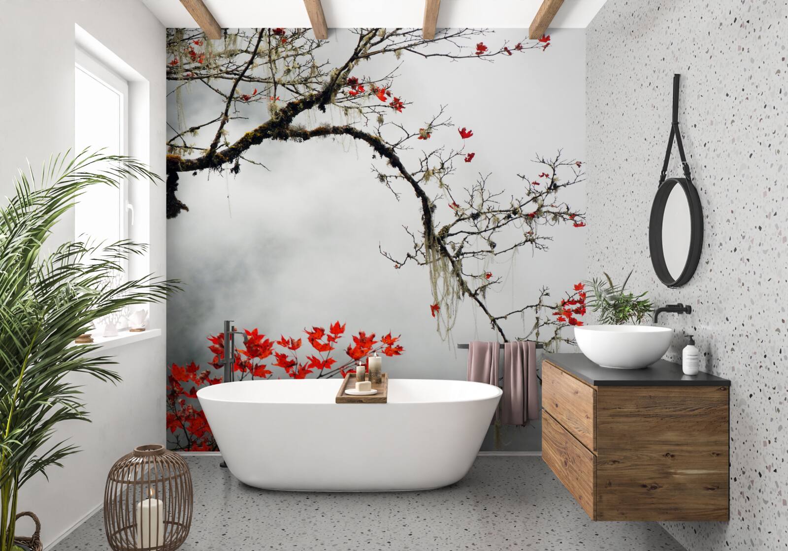 Fototapeta vetva s listami v jesennej hmle