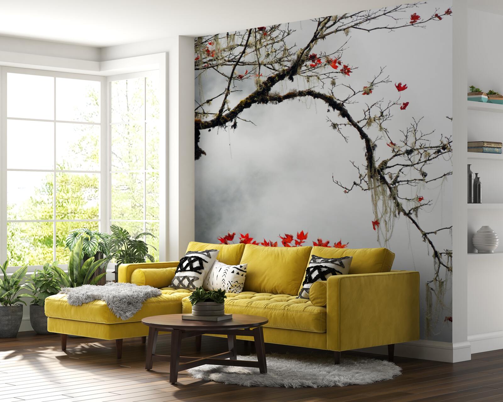 Fototapeta vetva s listami v jesennej hmle