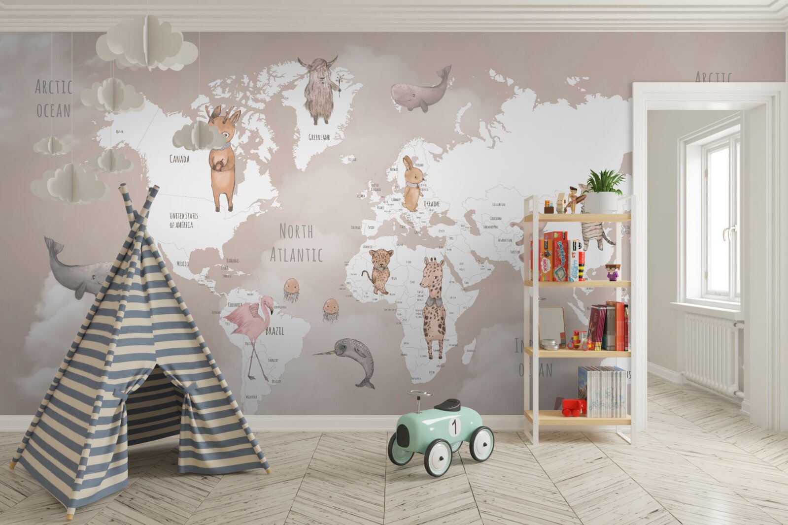 Fototapeta mapa sveta s obrázkami zvierat a lietadiel