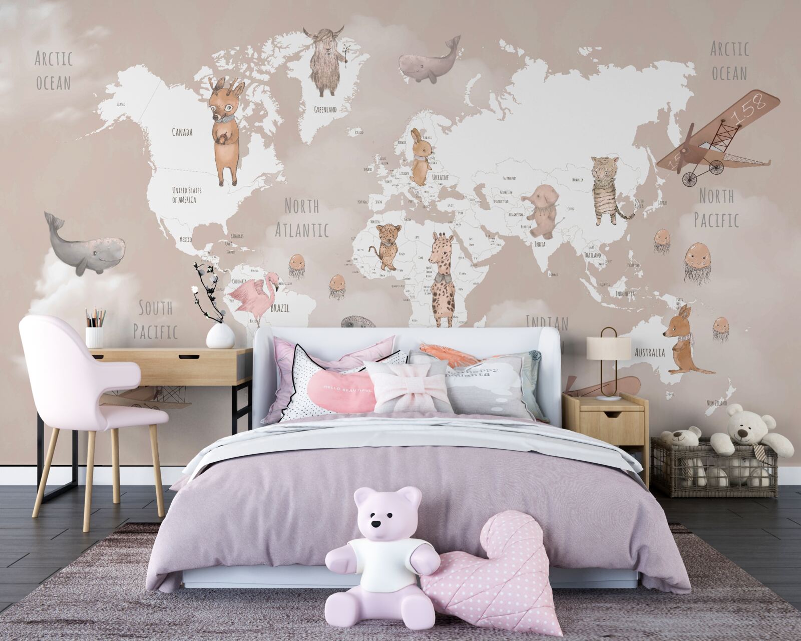 Fototapeta mapa sveta s obrázkami zvierat a lietadiel