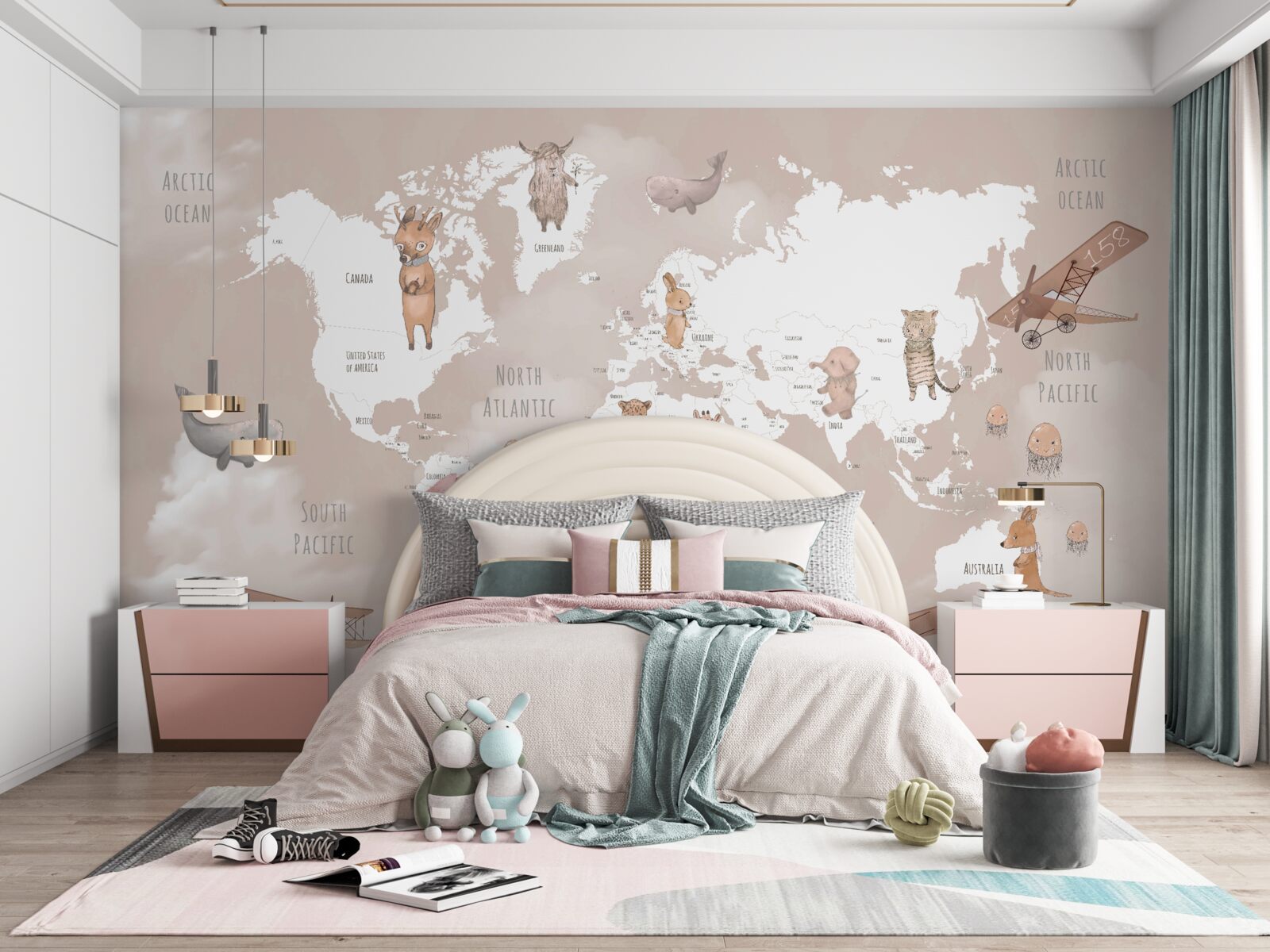 Fototapeta mapa sveta s obrázkami zvierat a lietadiel