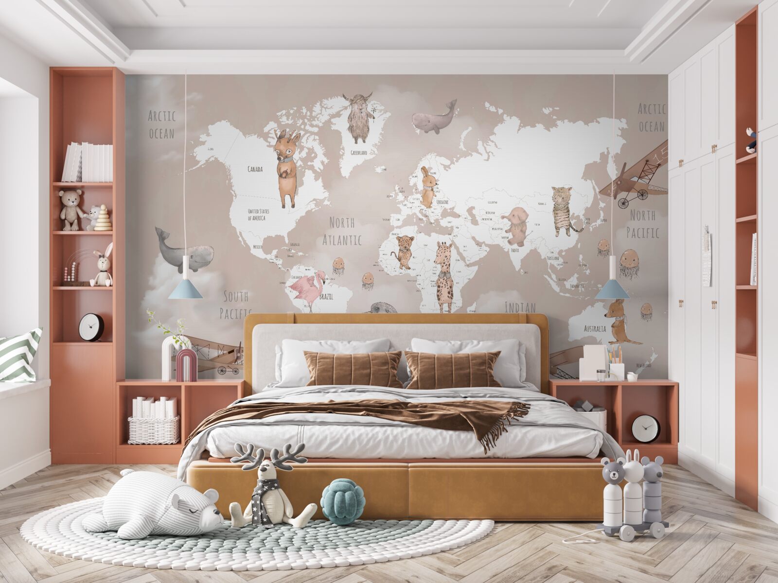 Fototapeta mapa sveta s obrázkami zvierat a lietadiel