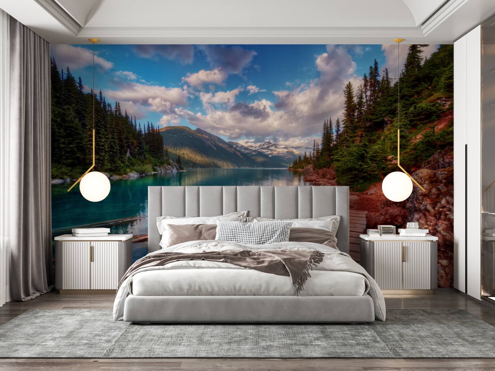 Fototapeta most nachádzajúci sa v lese pri horskej nádrži