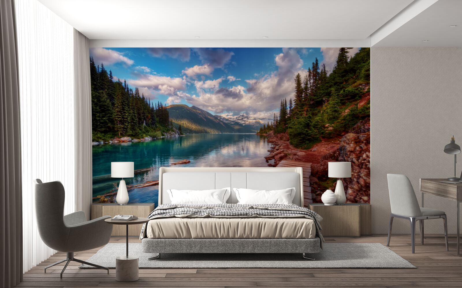 Fototapeta most nachádzajúci sa v lese pri horskej nádrži