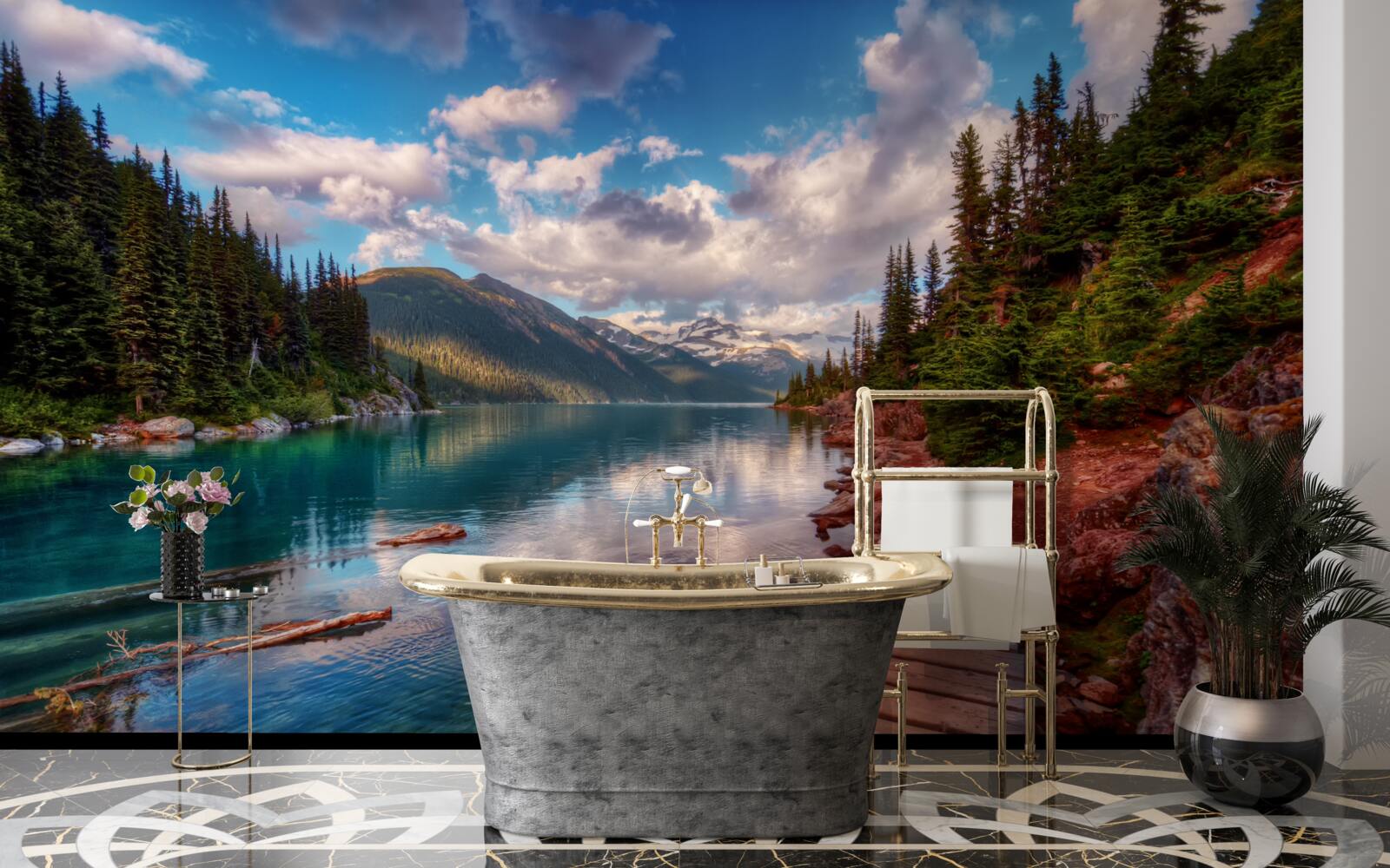 Fototapeta most nachádzajúci sa v lese pri horskej nádrži