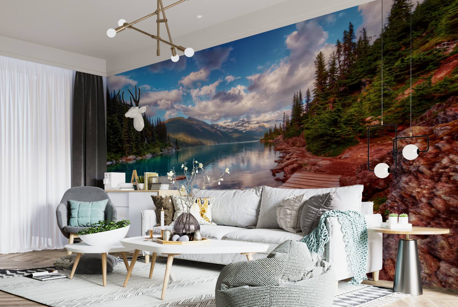 Fototapeta most nachádzajúci sa v lese pri horskej nádrži