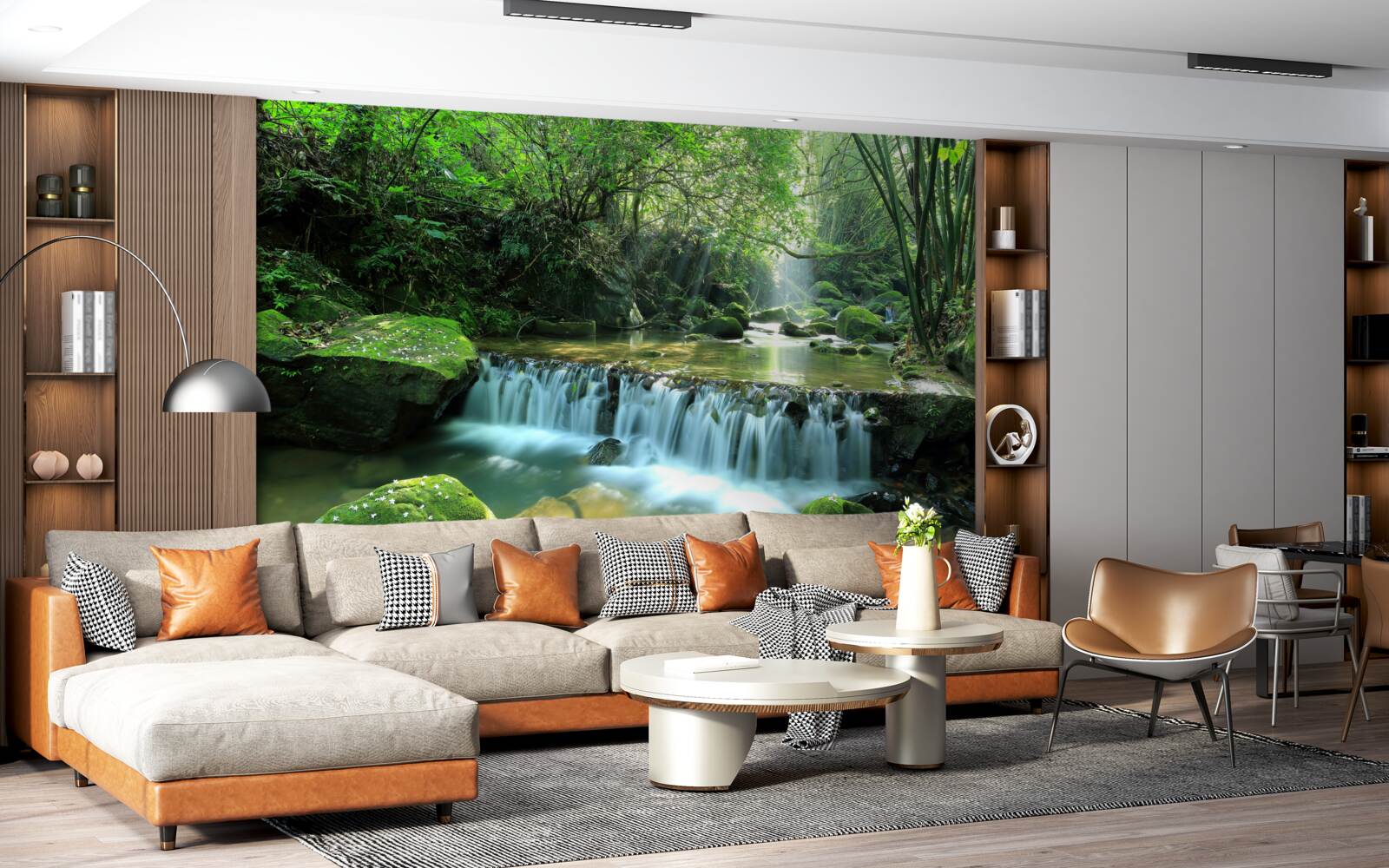 Fototapeta vodopád, ktorý sa medzi zeleňou hlasno rozlieva širokými potokmi, osvetlený slnečnými lúčmi