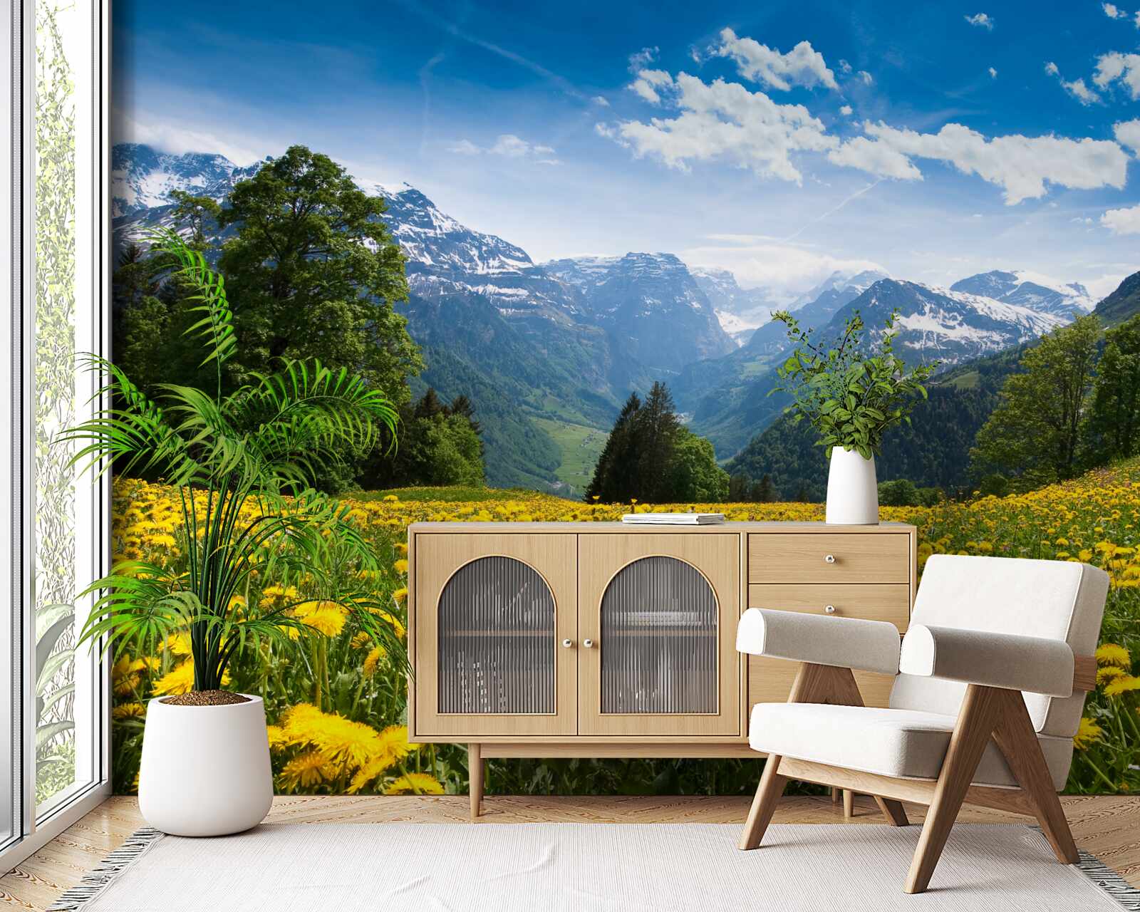 Fototapeta horská krajina s makovým poľom zdobeným žltými púpavami