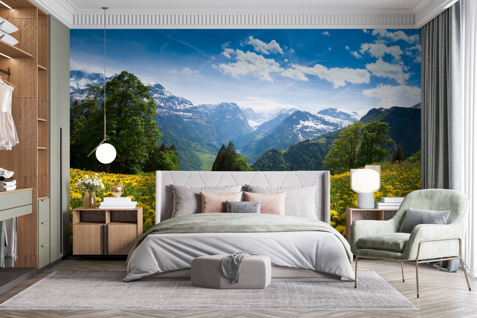 Fototapeta horská krajina s makovým poľom zdobeným žltými púpavami