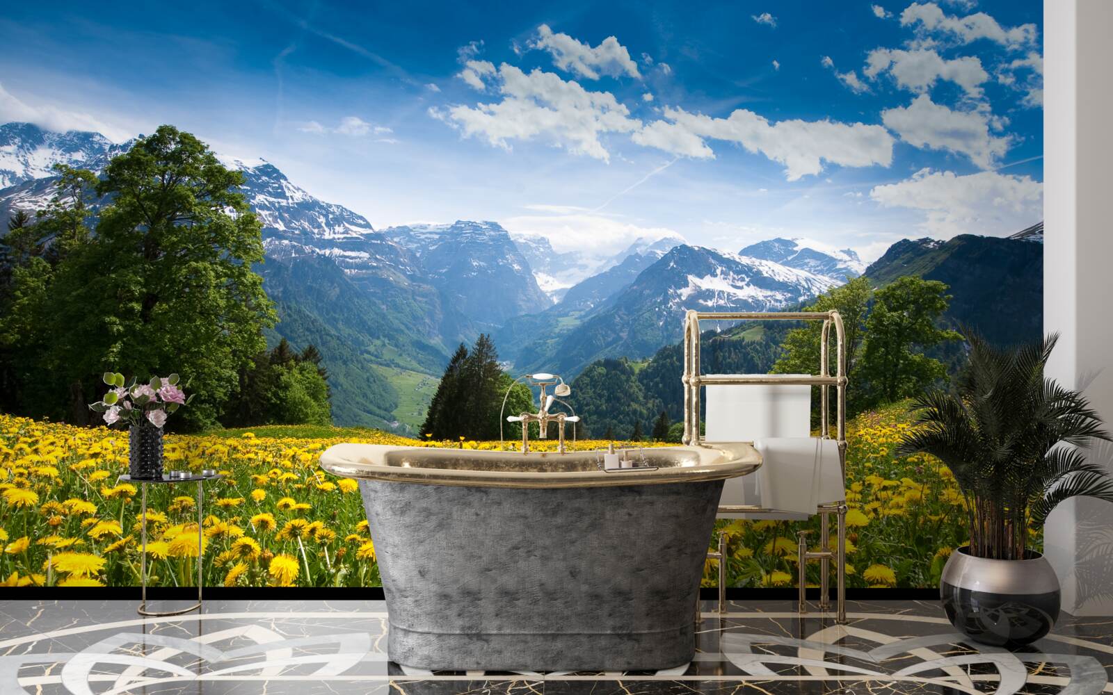 Fototapeta horská krajina s makovým poľom zdobeným žltými púpavami