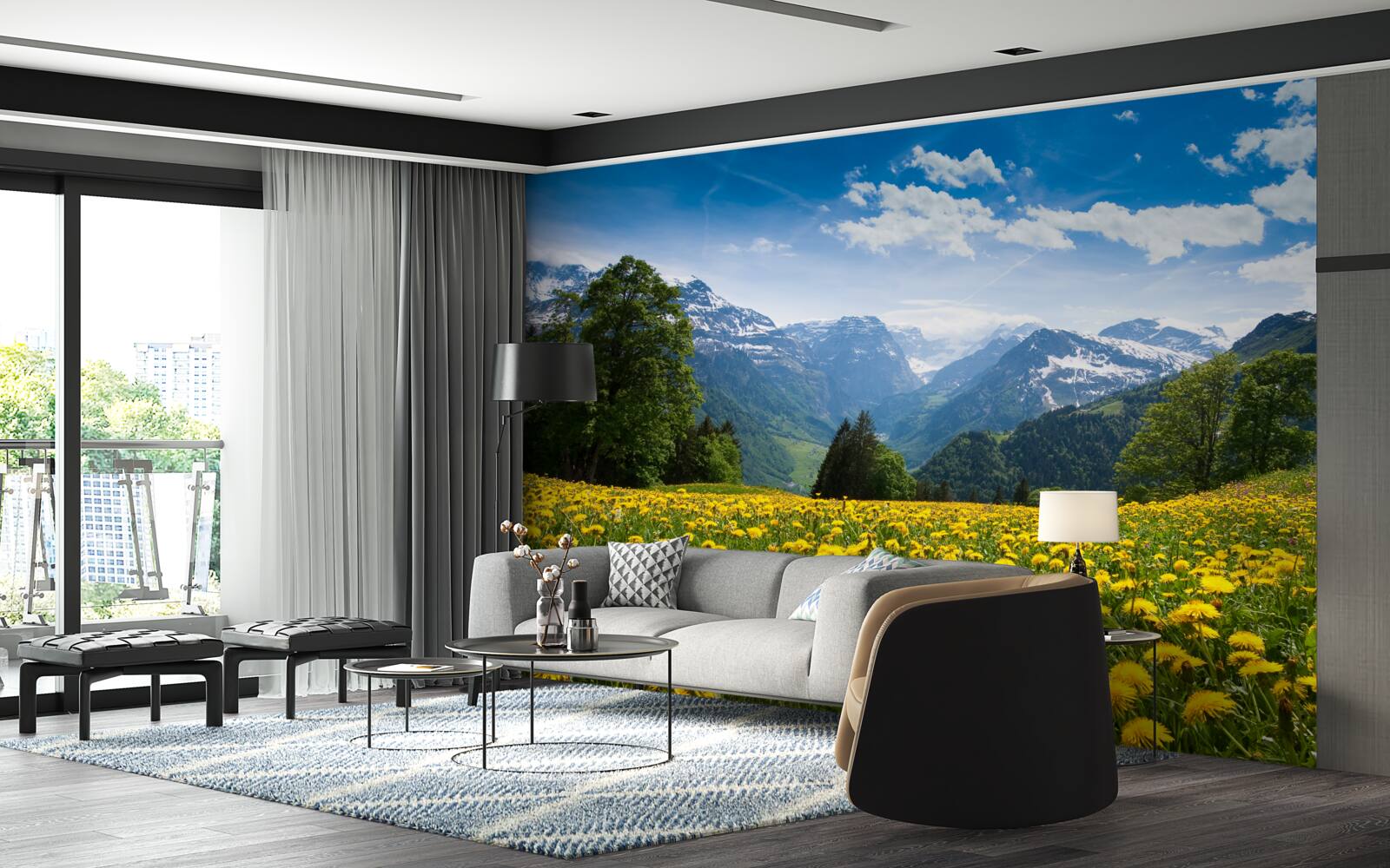 Fototapeta horská krajina s makovým poľom zdobeným žltými púpavami