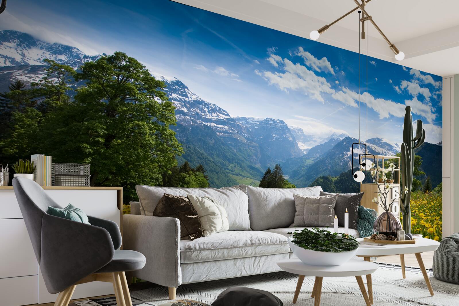 Fototapeta horská krajina s makovým poľom zdobeným žltými púpavami