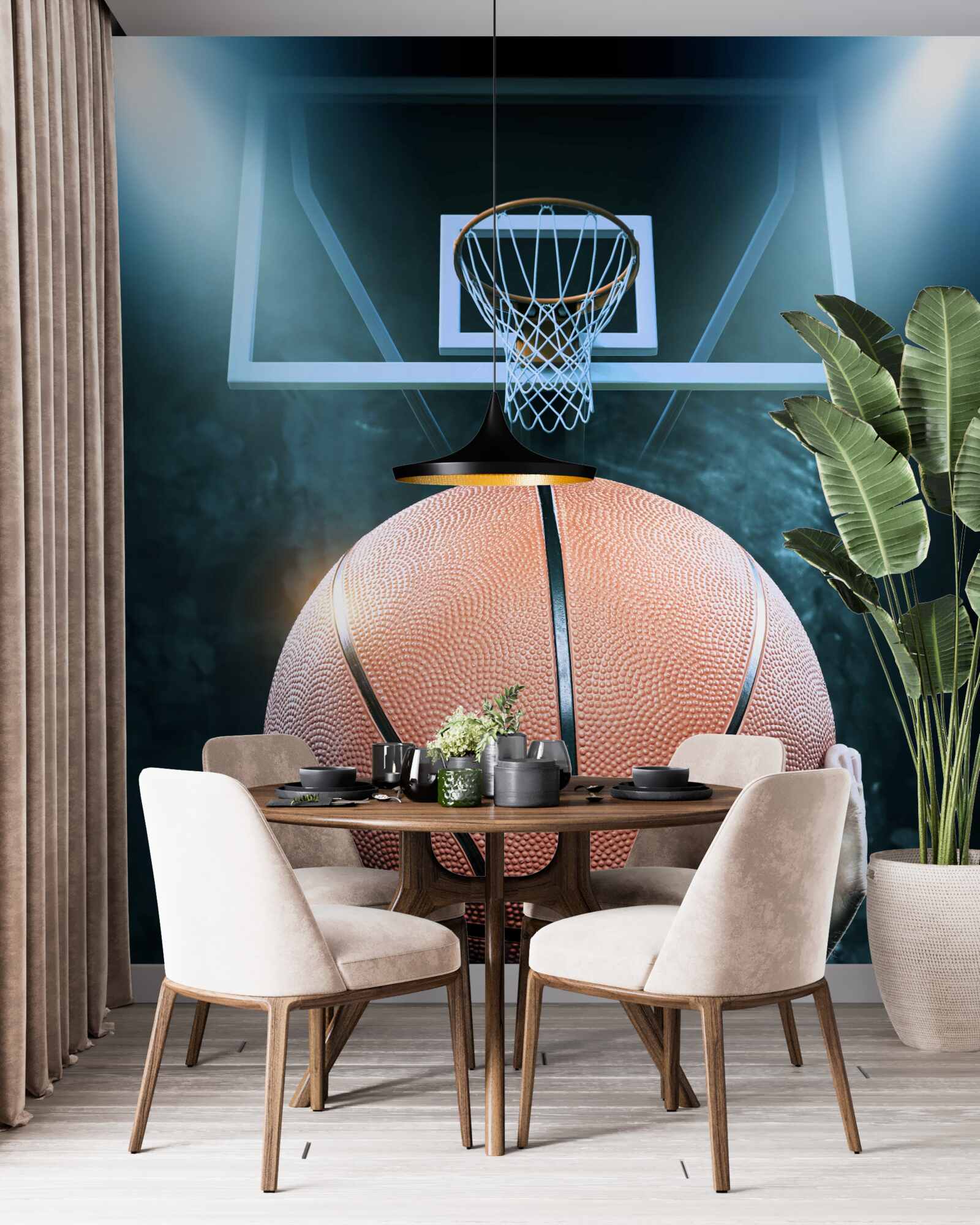 Fototapeta v pozadí obruče sa v rukách drží basketbalová lopta